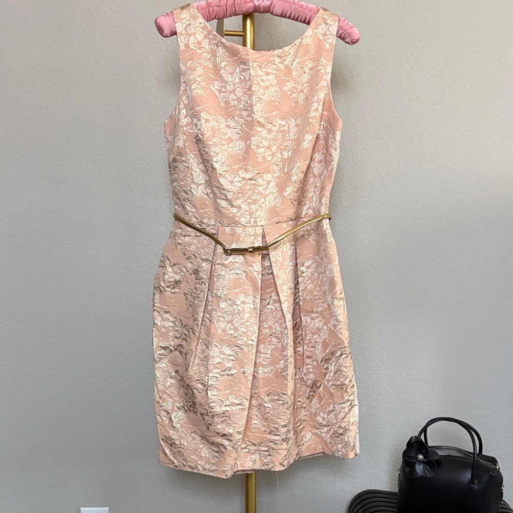 Eliza J Blush Pink Floral Jacquard Midi Dress with Slim Gold Belt.